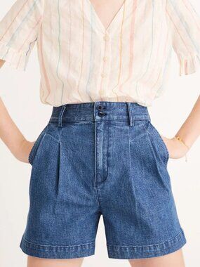 Madewell Women's Size 12 Pleated Front Denim Blue Shorts 3.5 in Inseam